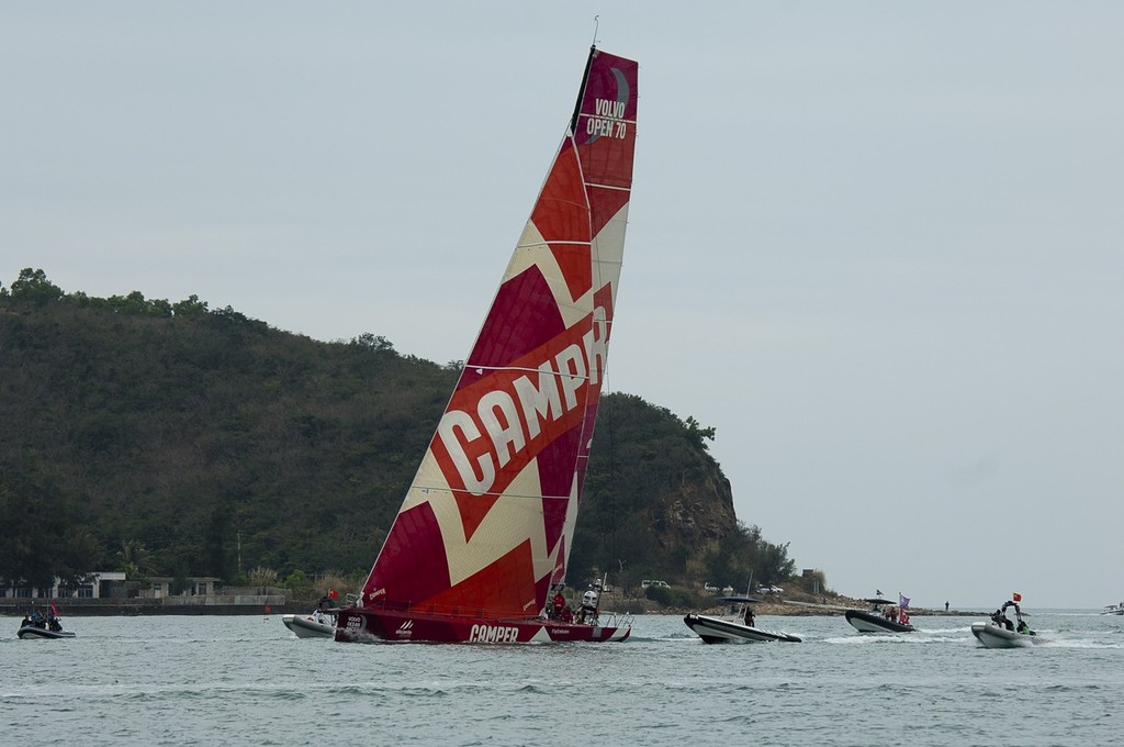 Camper with Emirates Team New Zealand arrives at the finish of leg three in Sanya, Hainan province of southern China. Volvo Ocean Race 2011- 12. © Emirates Team New Zealand http://www.etnzblog.com